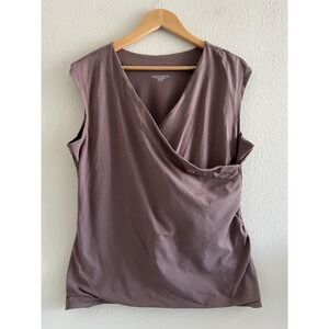 Travelsmith Brown Sleeveless Faux Wrap Top Size Large Modest Neutral Minimalist